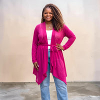 Women's Plus Size Tie Waist Magenta Cardigan