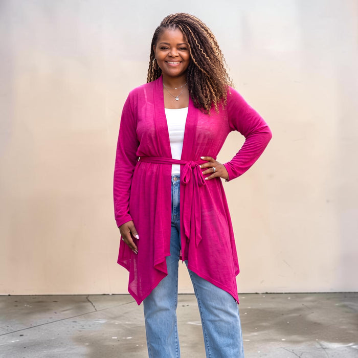 Women's Plus Size Tie Waist Magenta Cardigan