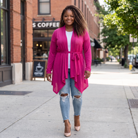 Women's Plus Size Tie Waist Magenta Cardigan
