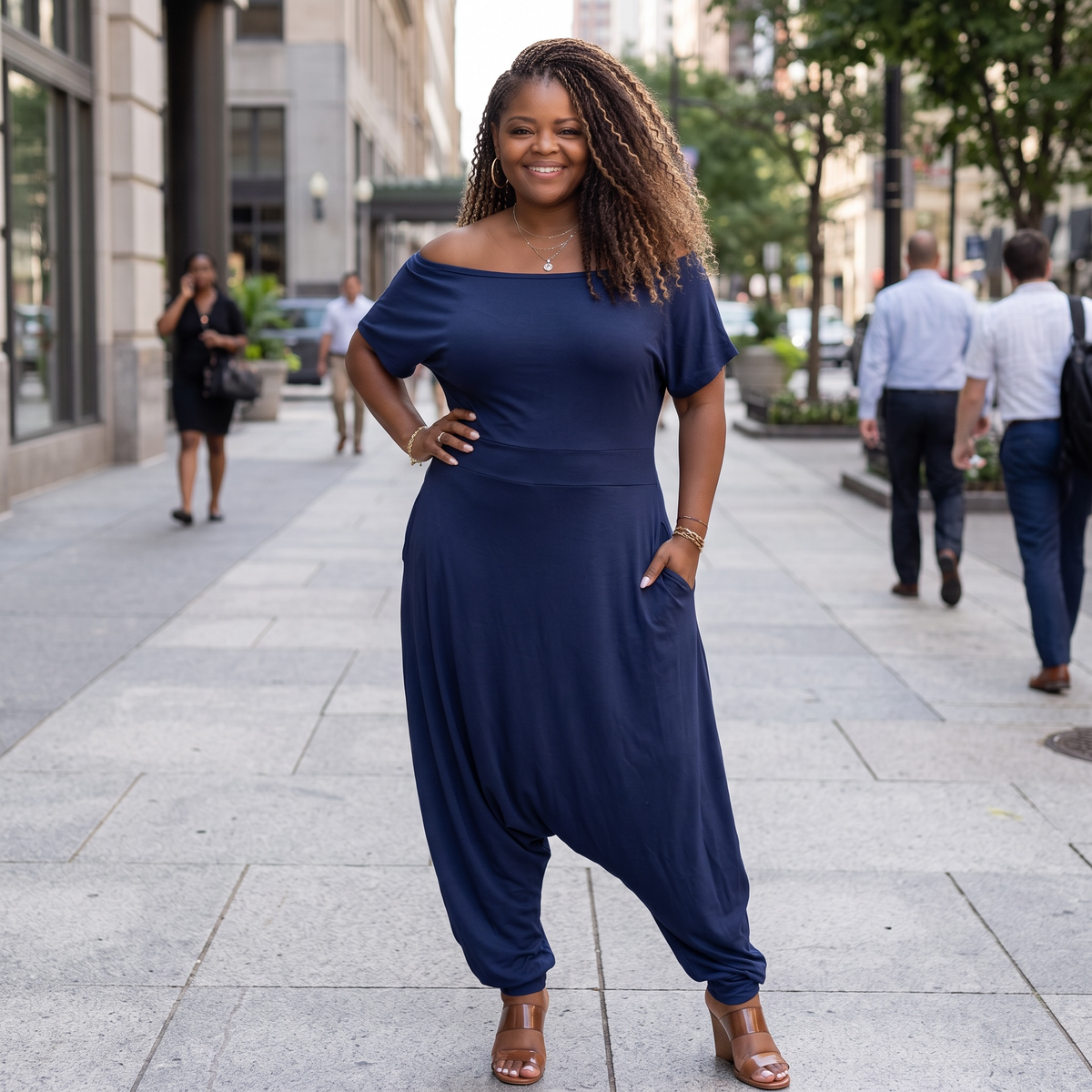 Women'S Plus Navy Off the Shoulder Harem Jumpsuit