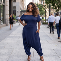 Women'S Plus Navy Off the Shoulder Harem Jumpsuit