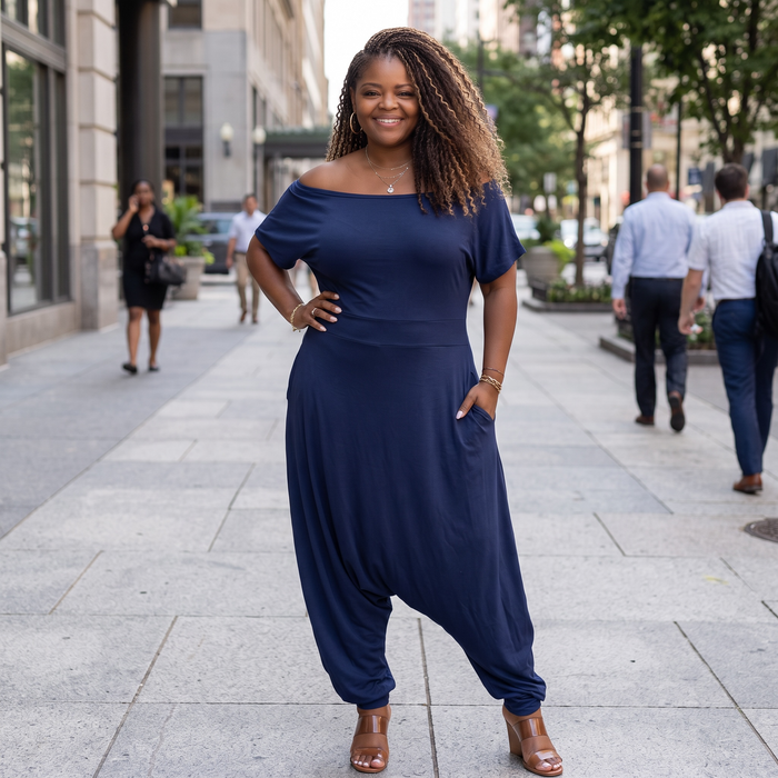 Women'S Plus Navy Off the Shoulder Harem Jumpsuit