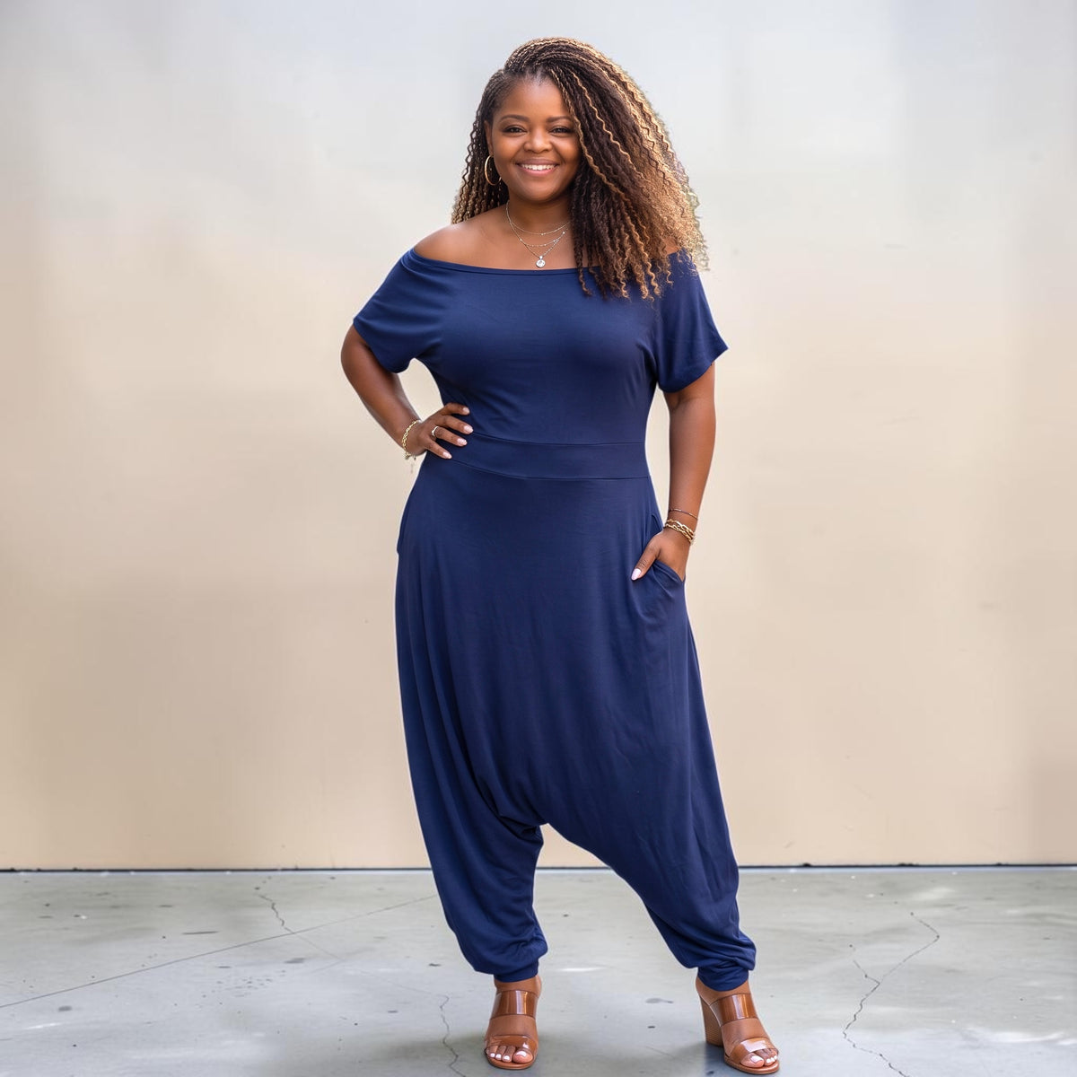 Women'S Plus Navy Off the Shoulder Harem Jumpsuit