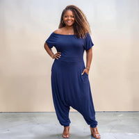 Women'S Plus Navy Off the Shoulder Harem Jumpsuit