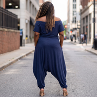 Women'S Plus Navy Off the Shoulder Harem Jumpsuit