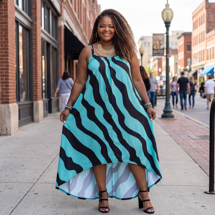 Women's Plus Size Wavy Hi Lo Print Maxi Dress