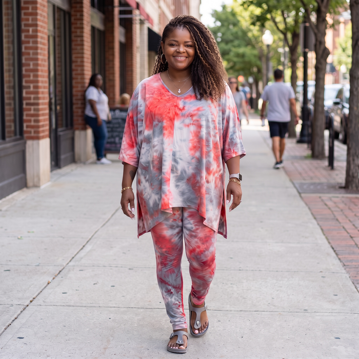 Women's Plus Size Red Tie Dye Asymmetrical Legging Set