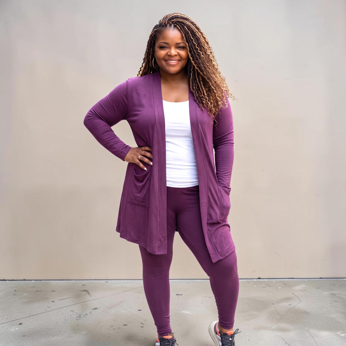 Plus Size Woman's Long Sleeve Cardigan With Legging Set No