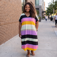 Women's Plus Size Midi Striped Dress With Pockets