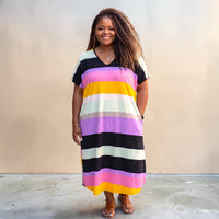 Women's Plus Size Midi Striped Dress With Pockets