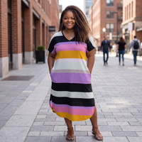 Women's Plus Size Midi Striped Dress With Pockets