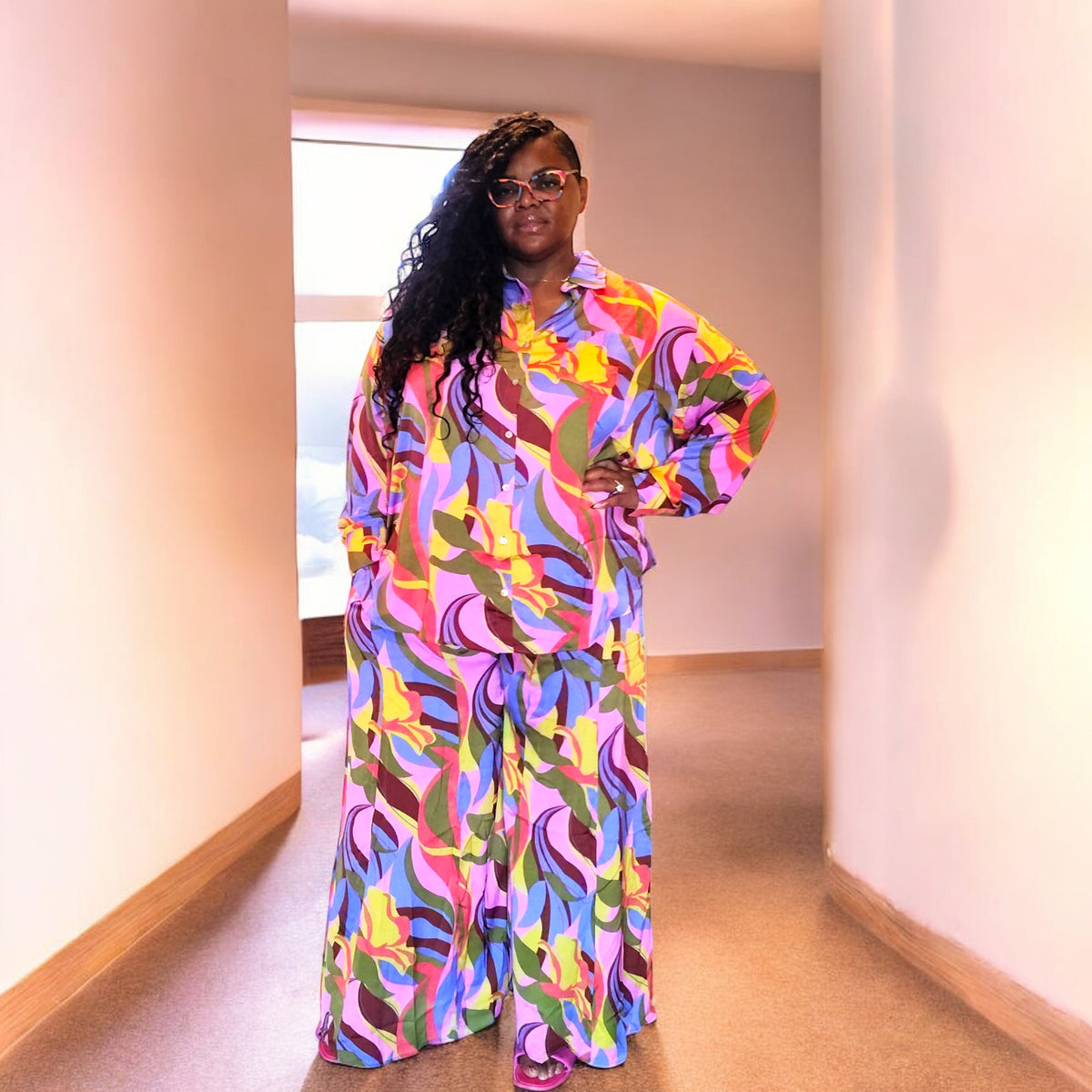 Women's Plus Abstract Print Wide leg Set