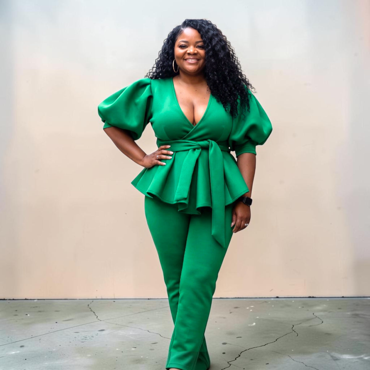Elegant Women's Plus Size Puff Sleeve Legging Set