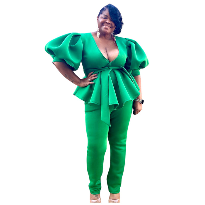 Elegant Women's Plus Size Puff Sleeve Legging Set - Fabulously Dressed Boutique 