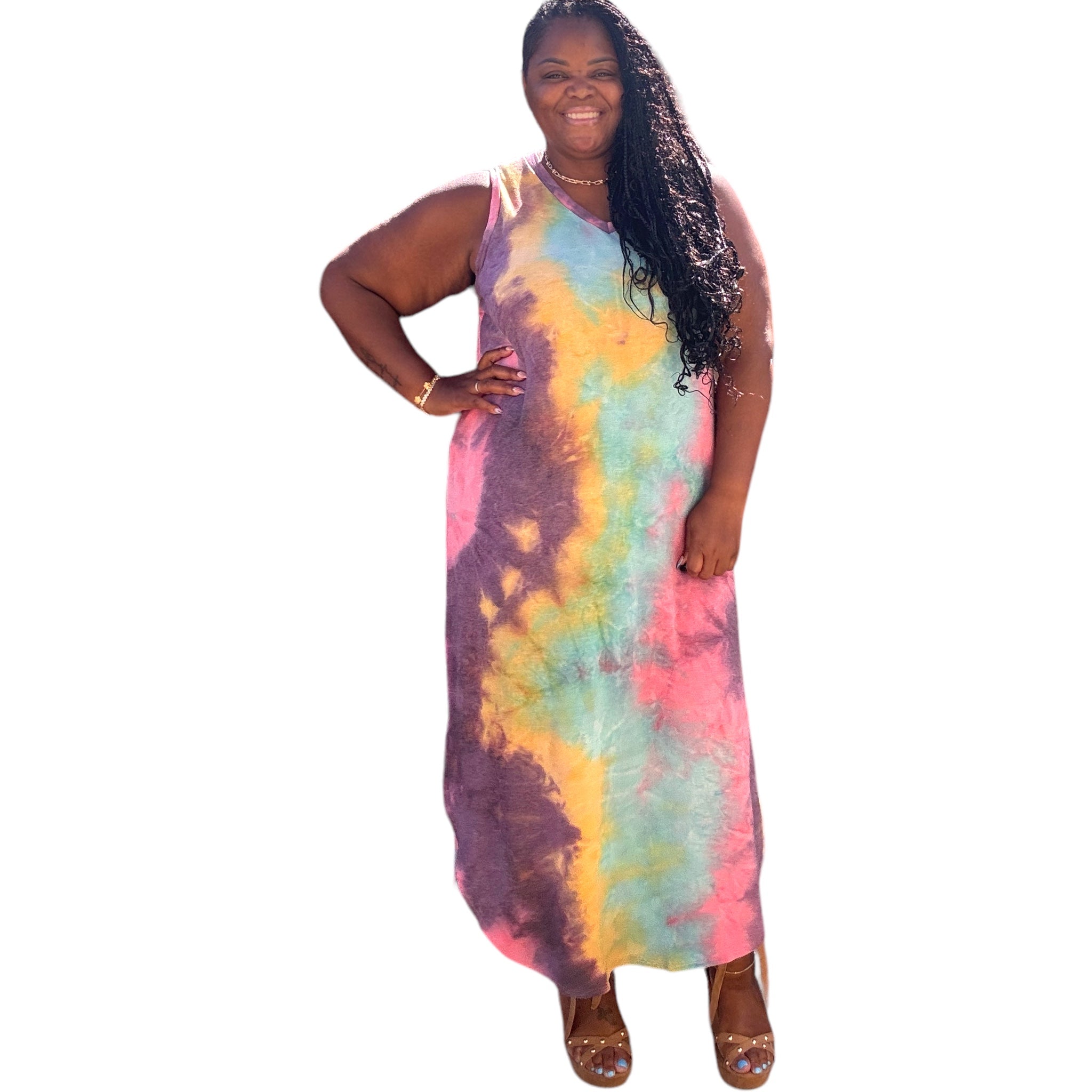 Plus Size Tie Dye V Neck Tie Dye Round Hem Maxi Dress