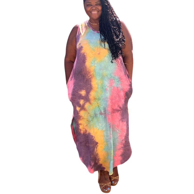 Plus Size Tie Dye V Neck Tie Dye Round Hem Maxi Dress - Fabulously Dressed Boutique 
