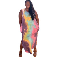 Plus Size Tie Dye V Neck Tie Dye Round Hem Maxi Dress - Fabulously Dressed Boutique 