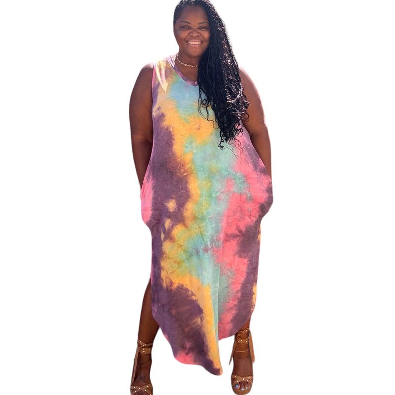 Plus Size Tie Dye V Neck Tie Dye Round Hem Maxi Dress - Fabulously Dressed Boutique 