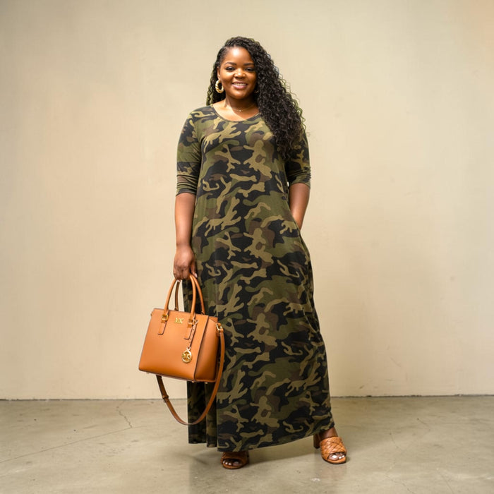 Plus Size Printed Camoflauge Relexed Fit Draped Maxi Dress