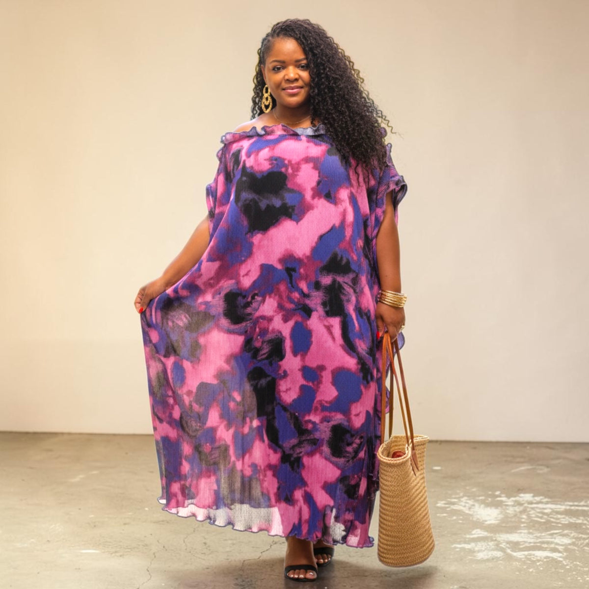 Plus Size Purple Pleated Tiered Ruffled Maxi Dress
