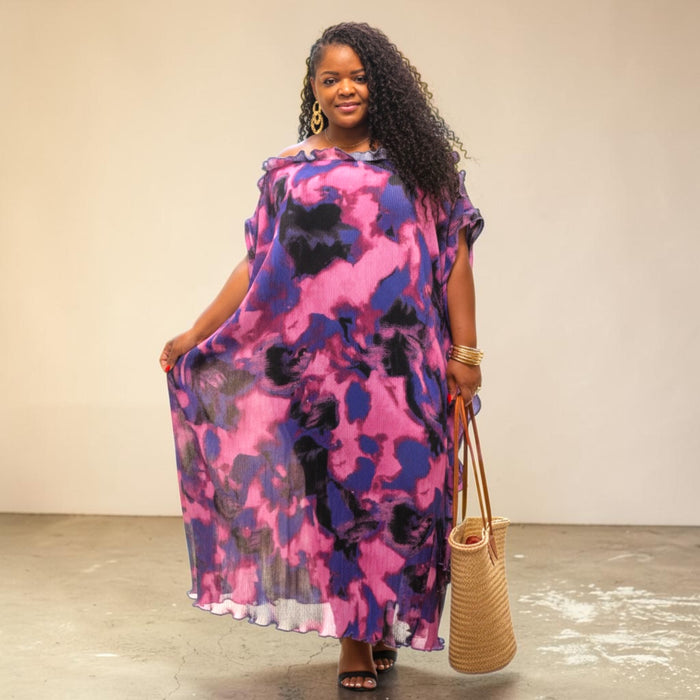 Plus Size Purple Pleated Tiered Ruffled Maxi Dress