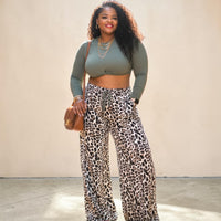 Plus Size Long Sleeve Top And Wide Leg Lepard Print Pants Set