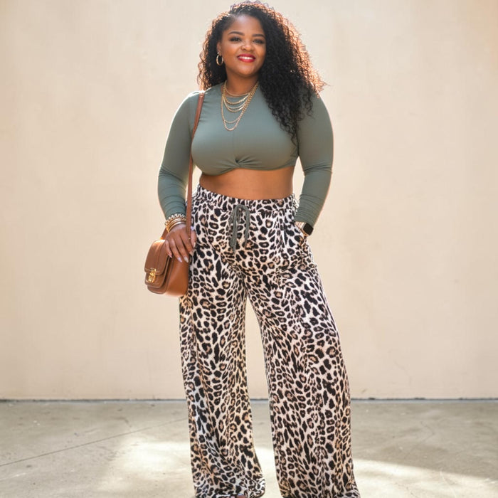 Plus Size Long Sleeve Top And Wide Leg Lepard Print Pants Set