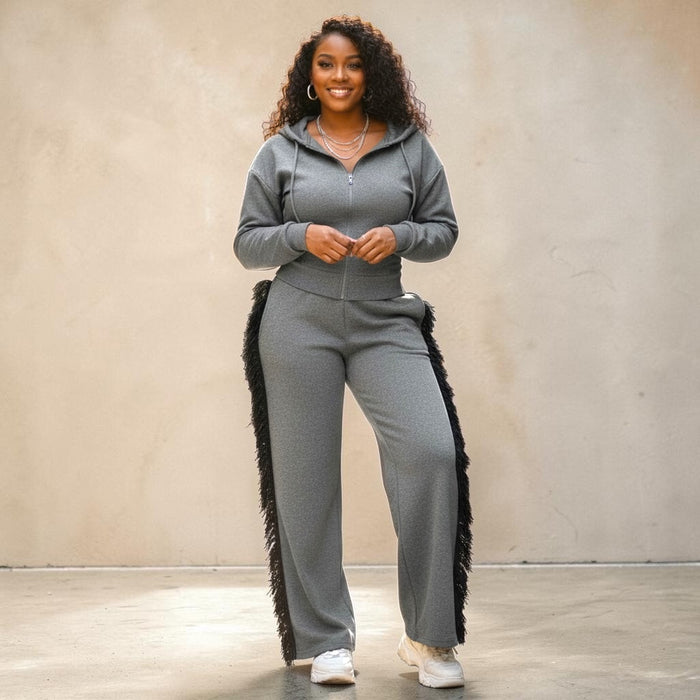 Plus Size Hoodie Jacket and Side Tassel Pants Set