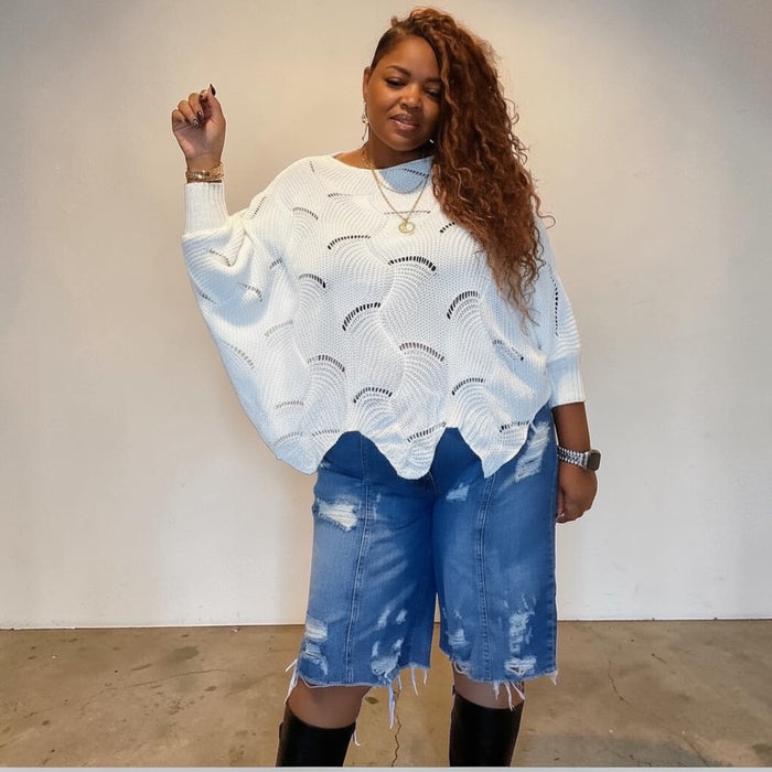 Womens White Knit Sweater Oversized Crochet Sweater