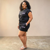 Women's Juniors Plus Black Bling Love Short Set