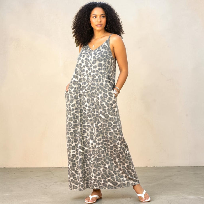 Women's Plus Size Leopard Print Adjustable Strap Maxi Dress