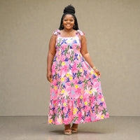 Pink Plus Size Floral Print Babydoll Maxi Dress