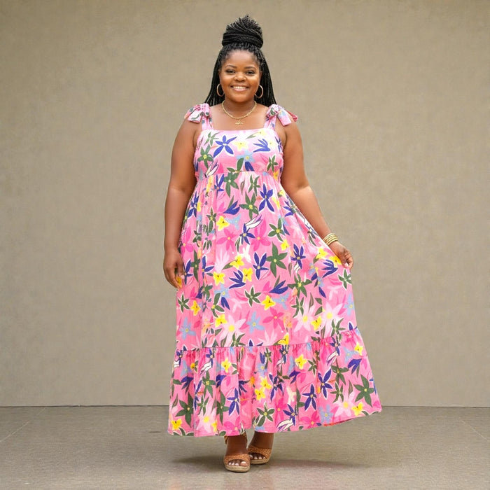 Pink Plus Size Floral Print Babydoll Maxi Dress