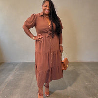 Linen Plus Size Brown Button Down Maxi Dress
