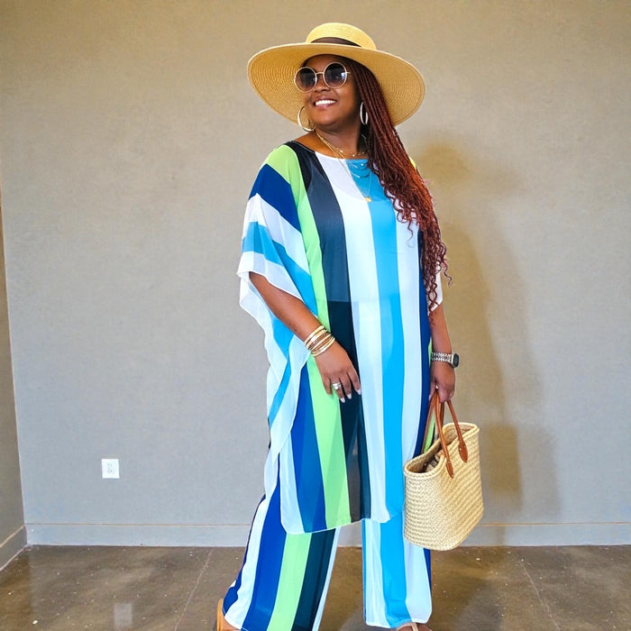 Women's Plus Size Chiffon Striped Pants Set