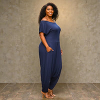 Women'S Plus Navy Off the Shoulder Harem Jumpsuit