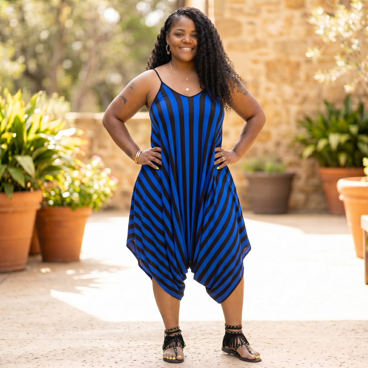 Women's Black and Blue Striped Harem Jumpsuit Size Medium