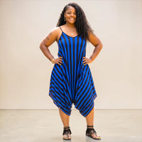 Women's Black and Blue Striped Harem Jumpsuit Size Medium
