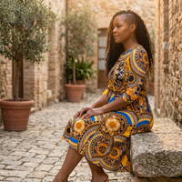 Women's Medallion Print Plus Size Belted Midi Dress