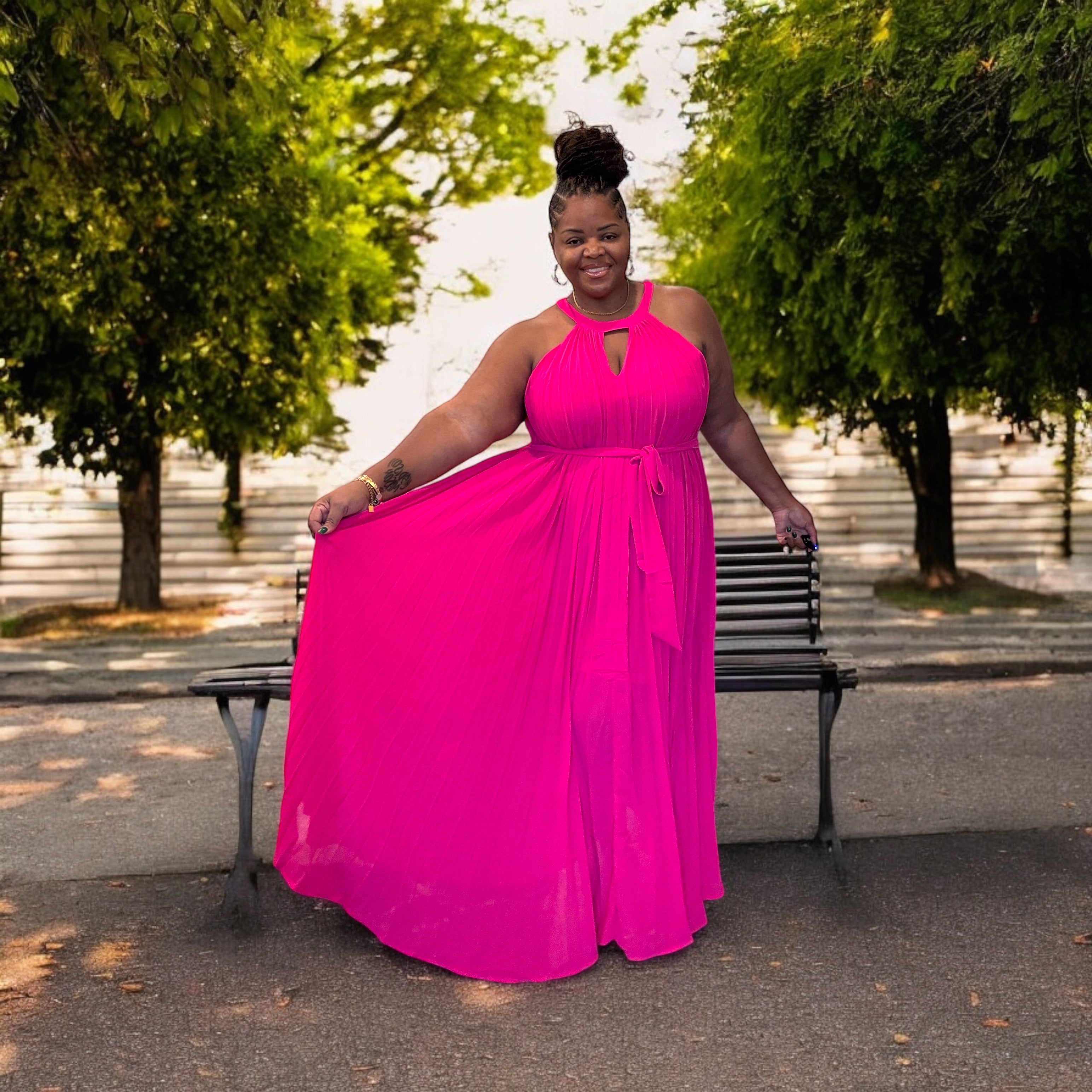 Womens Plus Size Halter Neck Hot Pink Maxi Dress