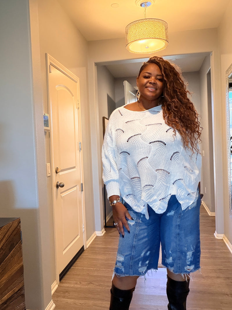 Womens White Knit Sweater Oversized Crochet Sweater