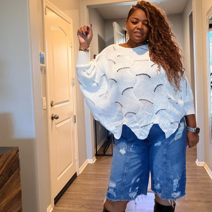 Womens White Knit Sweater Oversized Crochet Sweater