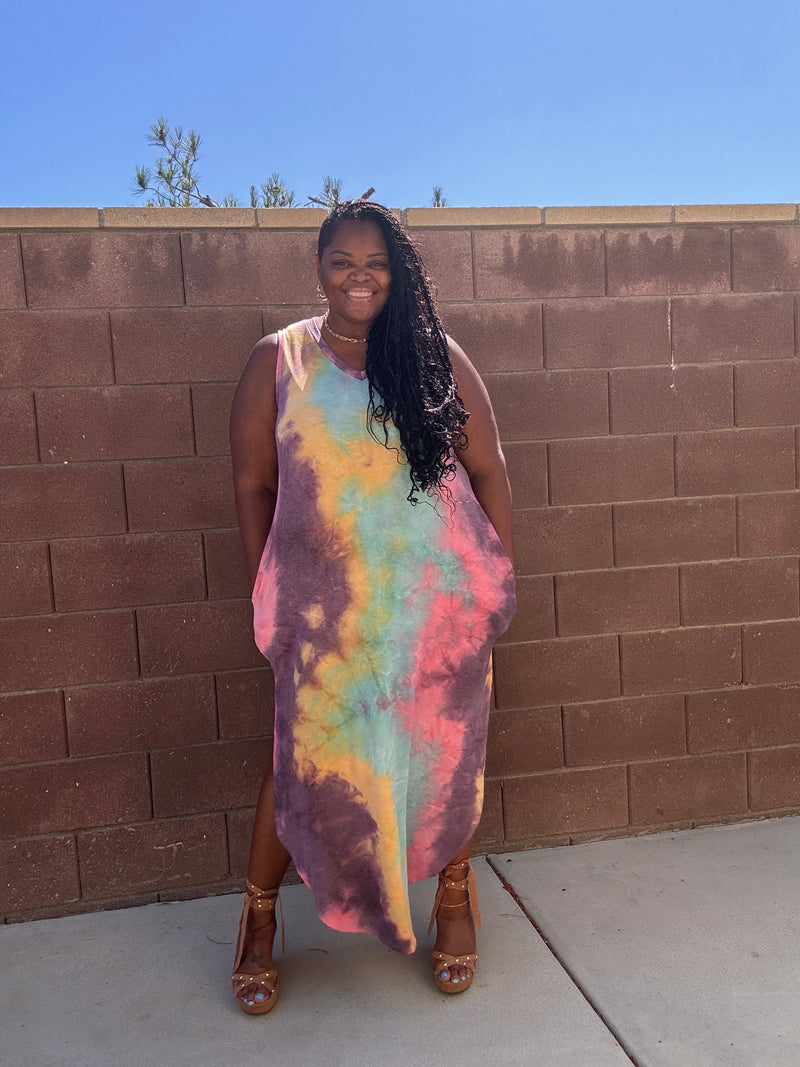 Plus Size Tie Dye V Neck Tie Dye Round Hem Maxi Dress - Fabulously Dressed Boutique 