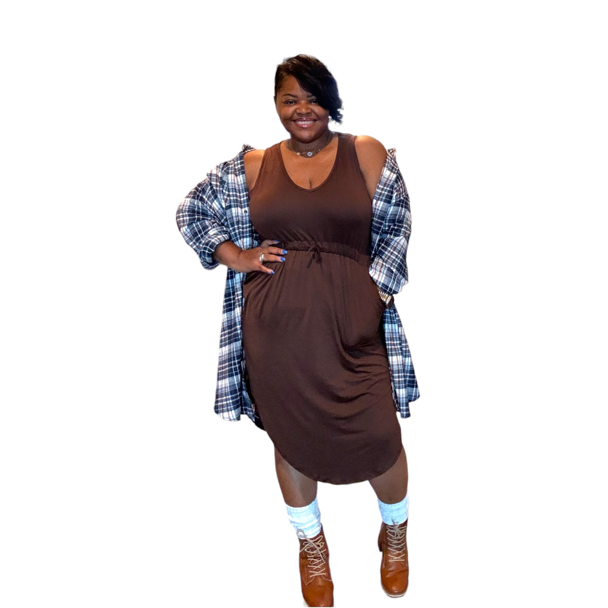 Plus Size Drawstring Sleeveless Brown Midi Dress – Fabulously