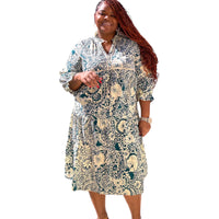 Women's Peacock Print Tiered Midi Dress With 3/4 Sleeves - Fabulously Dressed Boutique 
