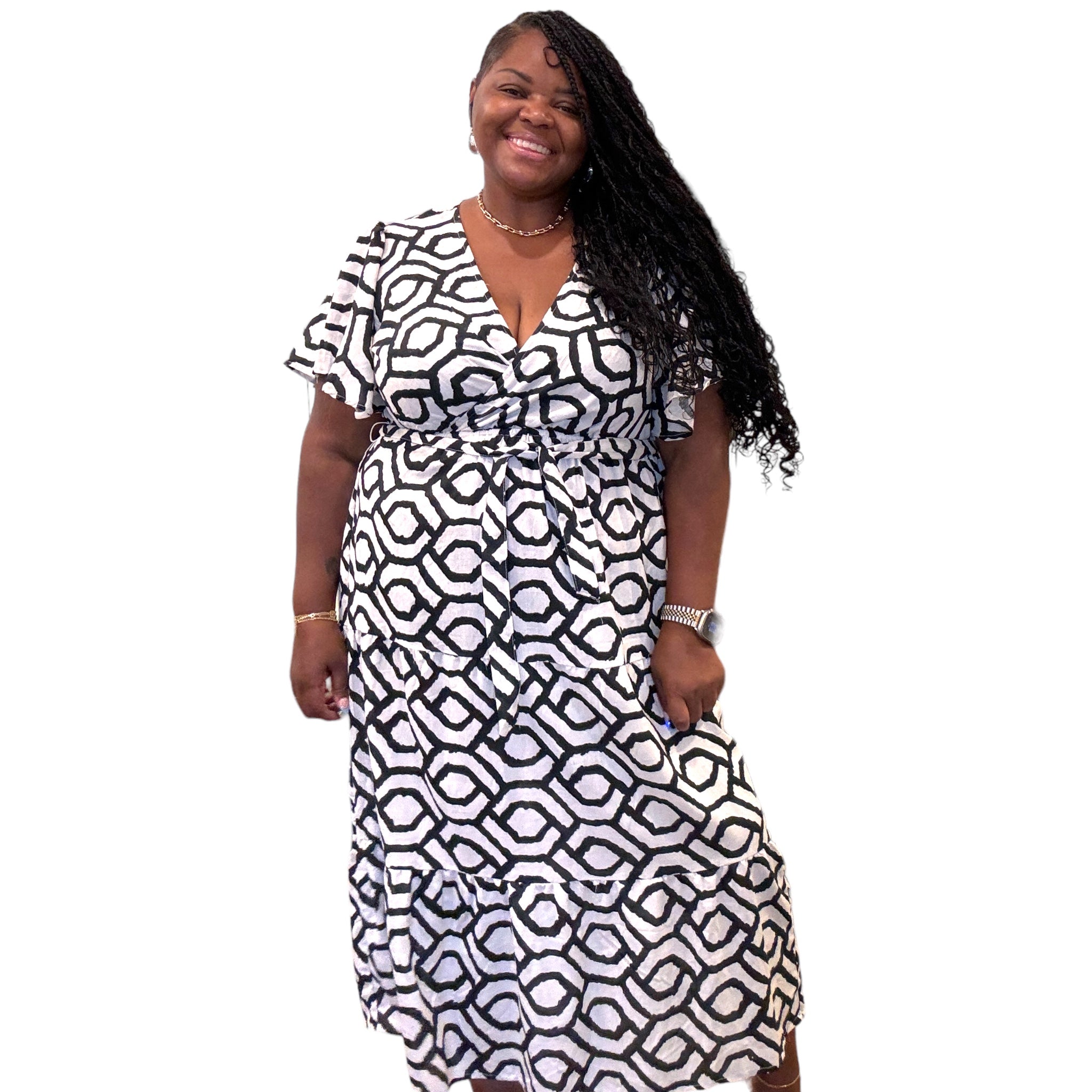 Women's Plus Black And White Geometric Maxi Dress - Fabulously Dressed Boutique 