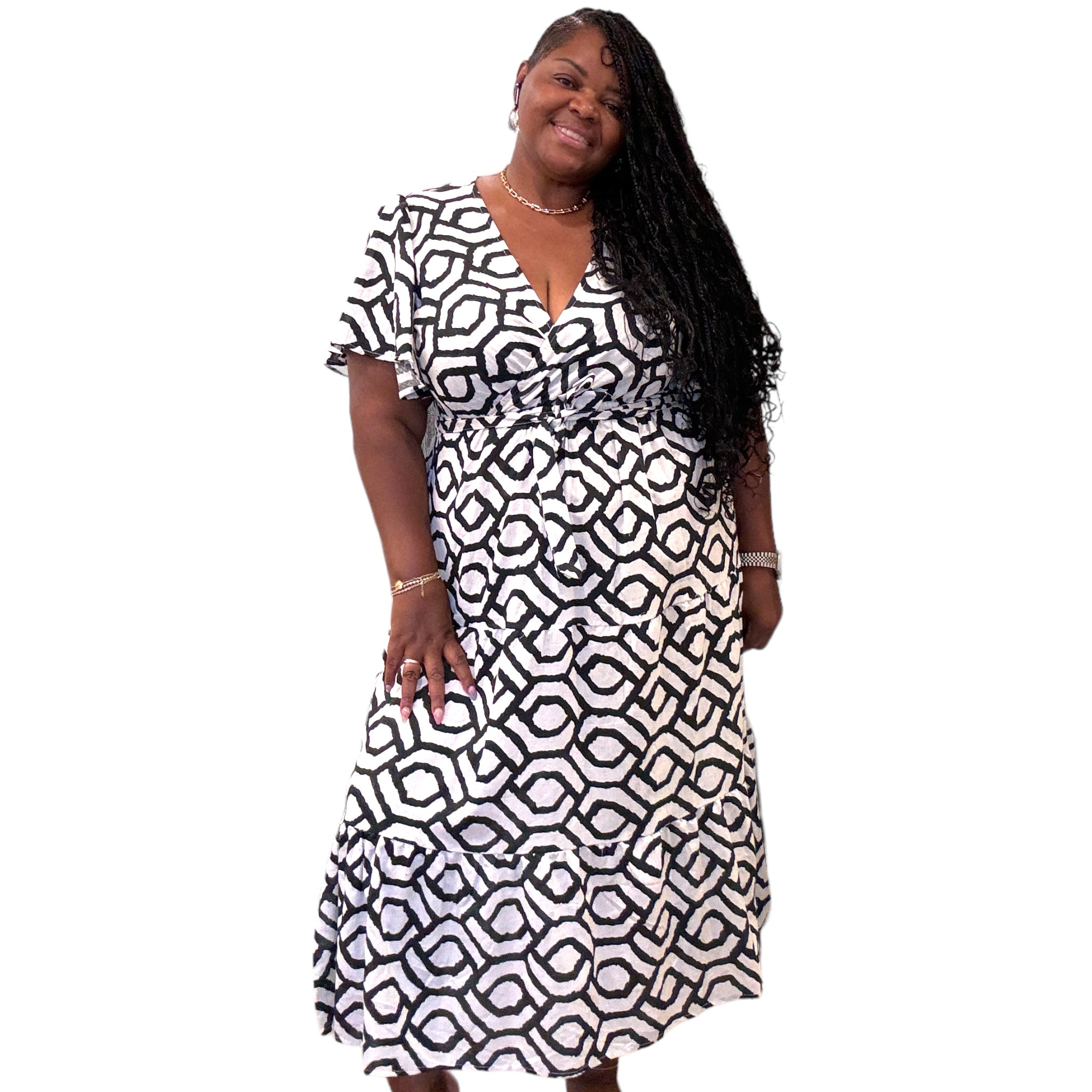 Women's Plus Black And White Geometric Maxi Dress - Fabulously Dressed Boutique 