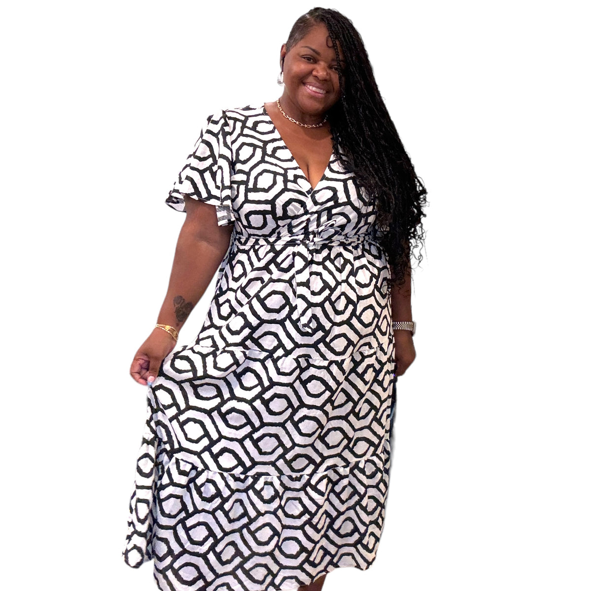 Women's Plus Black And White Geometric Maxi Dress - Fabulously Dressed Boutique 