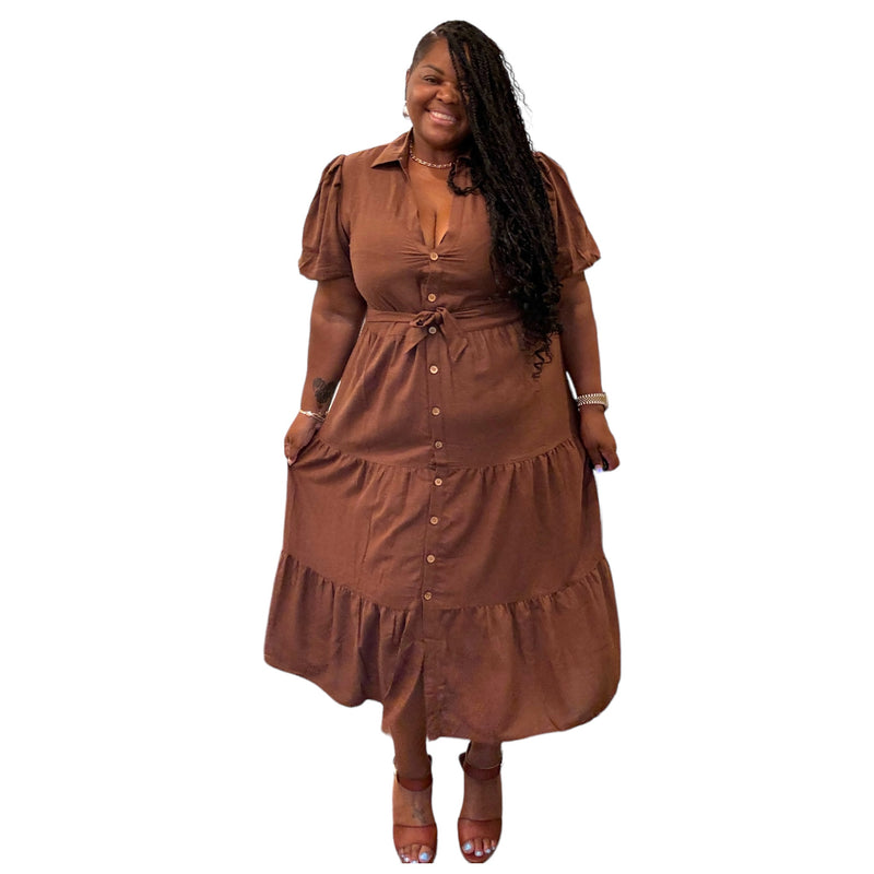 Linen Plus Size Brown Button Down Maxi Dress - Fabulously Dressed Boutique 
