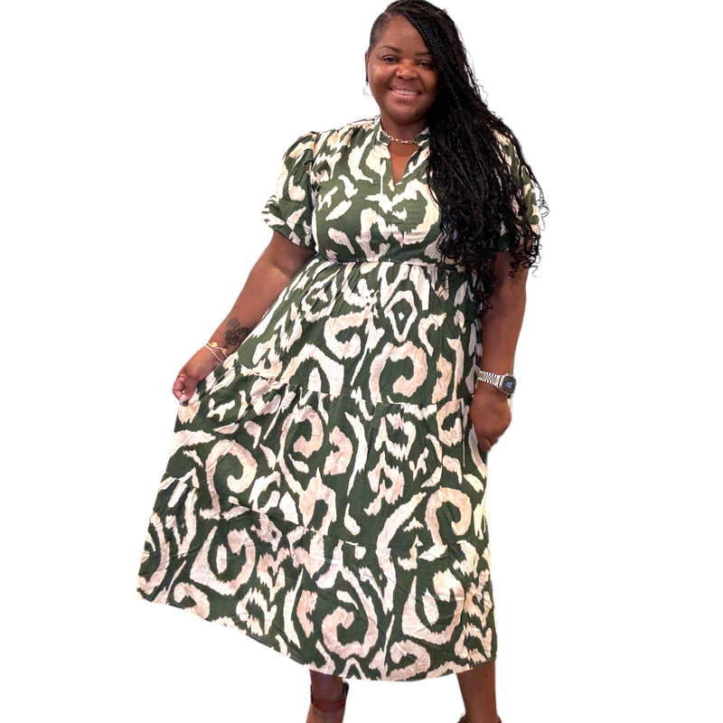 Linen Olive and Cream Plus Size Maxi Dress - Fabulously Dressed Boutique 